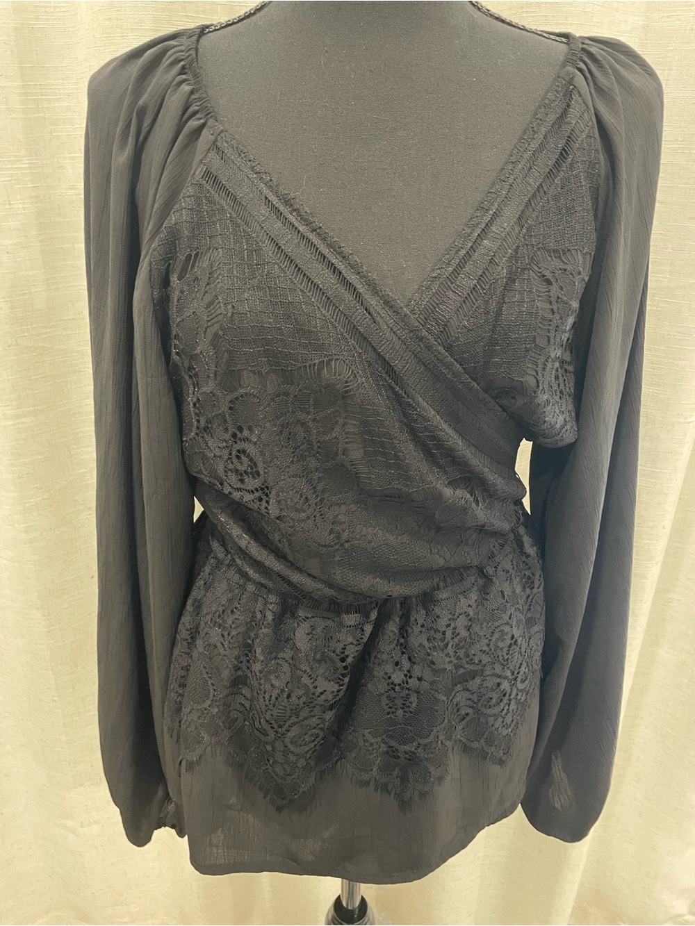 Black Lace Surplice Blouse With Lace Detail